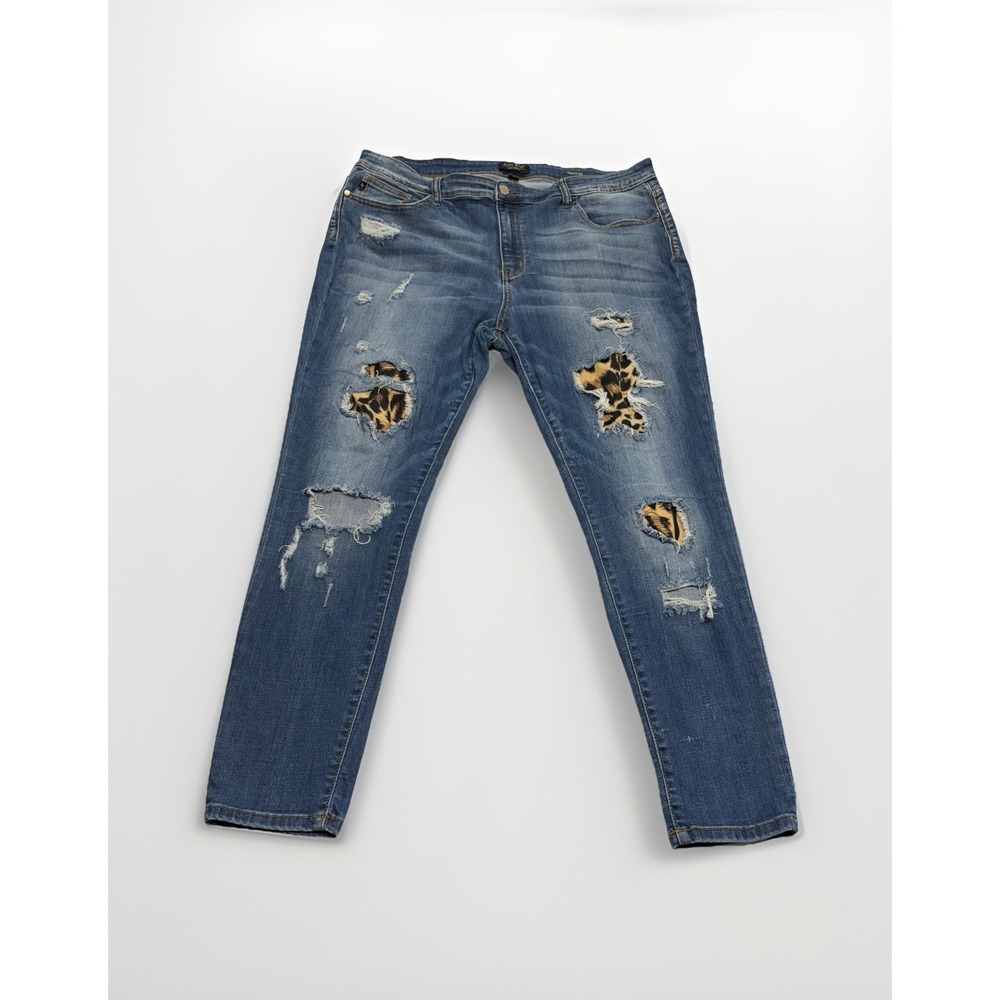 Judy Blue Jeans Womens 2XL Blue‎ Distressed Cheetah Patch Skinny Fit Stretch